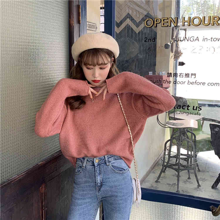 3 colors Korean style Basic short Knitted Sweater Women Autumn Winter soild Color roll up sweaters and pullovers womens (C9399) 210423