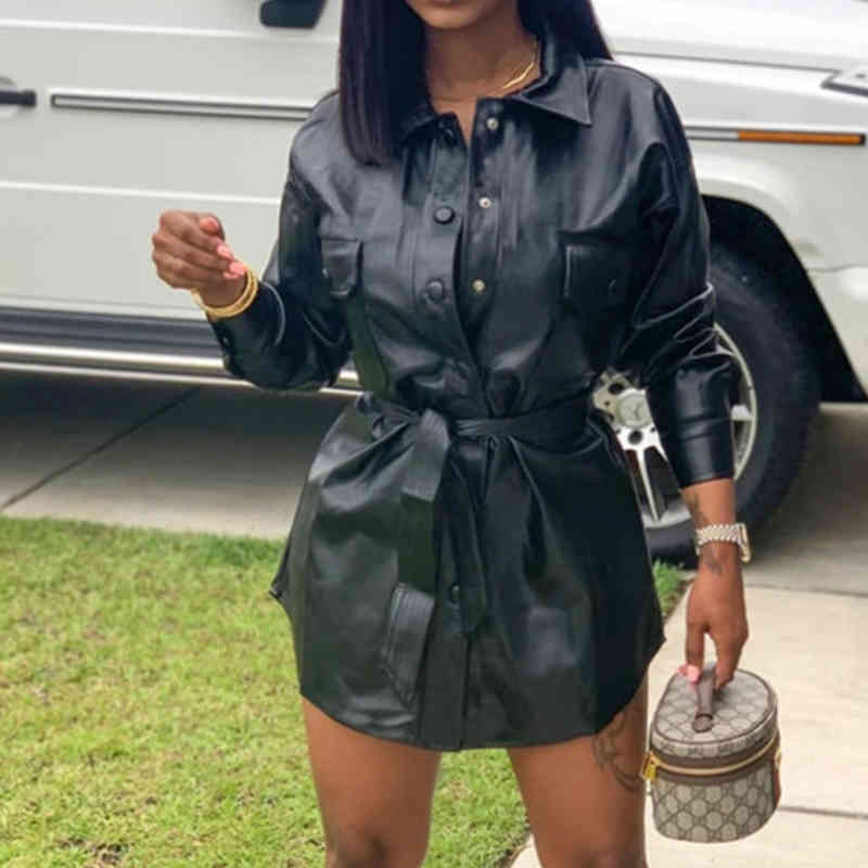 Foridol PU Leather Short Black Dress Women Clothes Vintage Spring Autumn Ladies Fashion Casual Dress Vestidos 210415