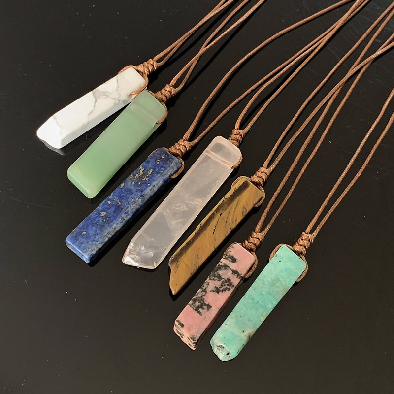 Natural Stone Pendant Raw Mineral Irregular Rectangle Quartz Pendulum Amazonite Tiger Eye Lapsi Pink Crystal Necklaces