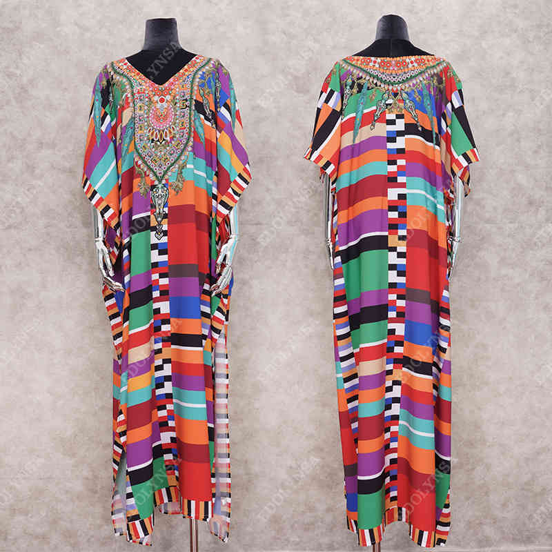 Kaftan Bikini Cover-ups Tunic Women Large Size Beach Wear Swim Suit Cover Up Bohemian Printed Loose Dress Q1084 210420