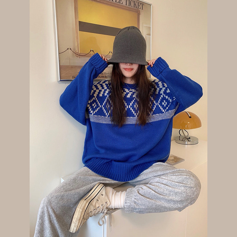 Blue Color-Hit Patchwork Chic Gentle Thicken Christmas Fashion Streetwear Outwear Knitted Vintage Sweaters 210421