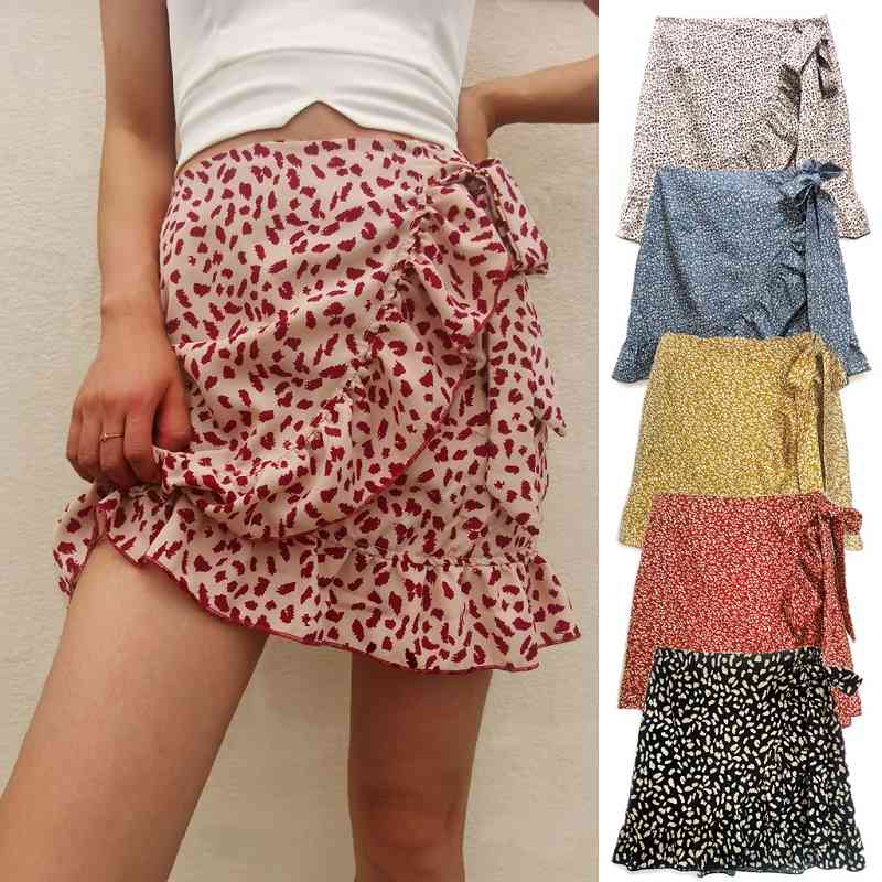 Women Print Short Mini Skirts Summer Ruffle High Waist Bow Tie A-line Skirt Ladies Streetwear Slim Bottoms Saias 210524