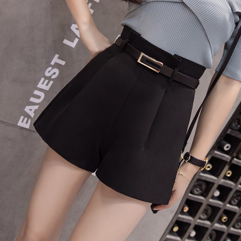 Plus Size Black Short Femme Arrival High Waist Shorts Women Summer Autumn Wide Leg with Belt Streetwear 7775 50 210506