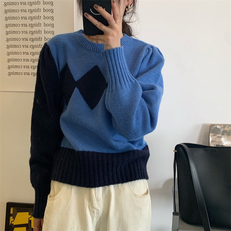 Autumn Winter Women's Temperament Elegant Pullover Sweater Casual All-match Diamond Check Color Block Female 210520, Blue
Autumn Winter Women's Temperament Elegant Pullover Sweater Casual All-match Diamond Check Color Block Female 210520, Blue