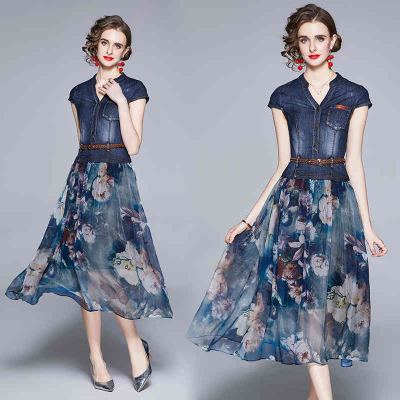 Summer Vintage Fashion Denim V-Neck Patchwork Chiffon Long Dresses Vestidos High Waist Casual Party Dress Female 210518