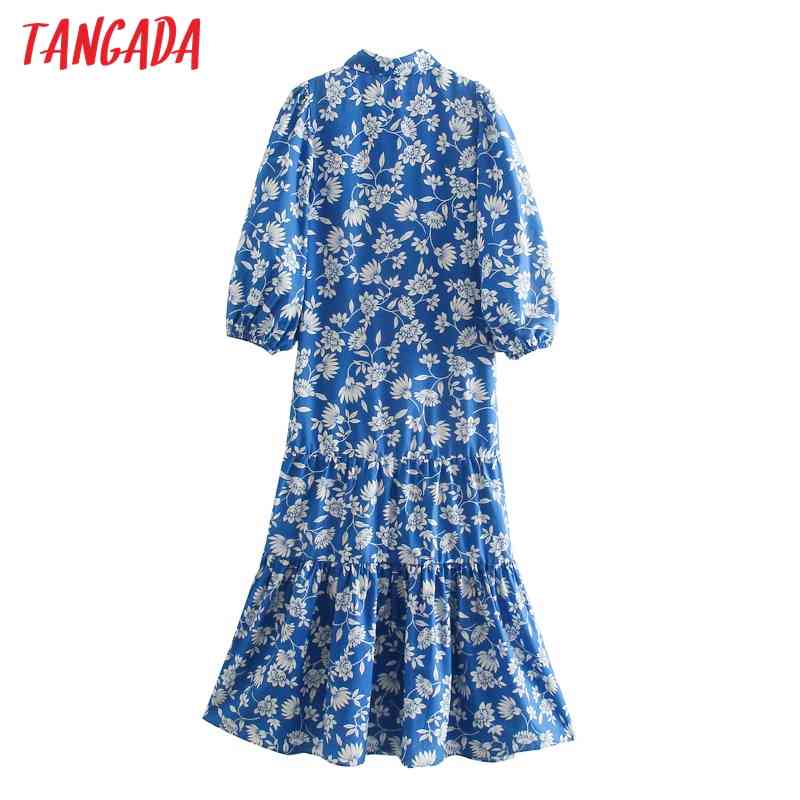 Summer Women Blue Floral Print French Style Puff Short Sleeve Ladies Midi Dress Vestidos 5Z93 210416