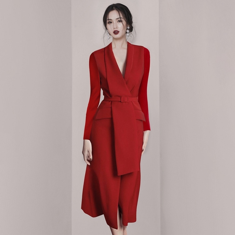 Business Elegant Vestido Da Festa Autumn And Winter Korean OL Belt Waist Notched Neck Slim Long Sleeve Red Dresses 210520