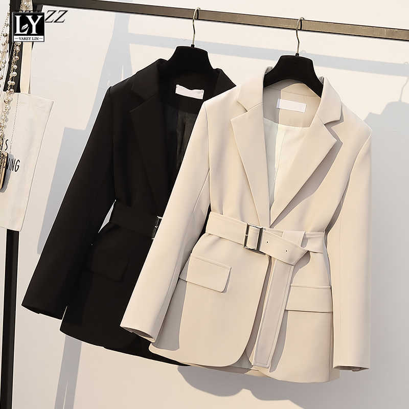 LY VAREY LIN Spring Autumn Women Elegant Slim Blazer Jacket Fashion One Button Solid Color Office Lady Suit Coat with Belt 210526