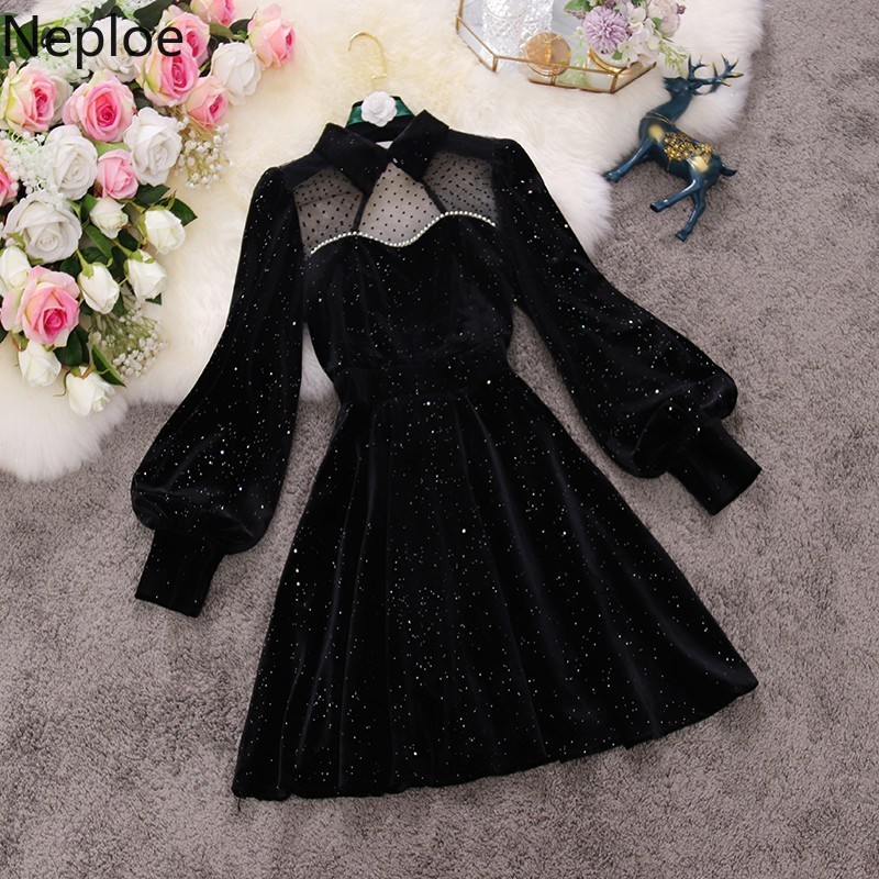 Neploe Chic Sequined Velvet Dress Patchwork Gauze Beading Robe Stand Neck Hollow Out Vestidos Flare Sleve Elegant Dresses Women 210422