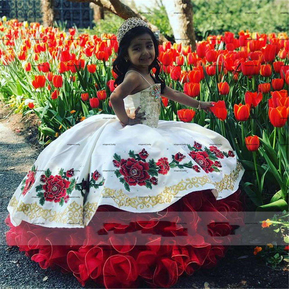 Red White Ruffles Skirt Flower Girl Dresses 2022 Luxury Princess Embroidery Floral Little Girls Infant Birthday Communion Pageant Dress Wear