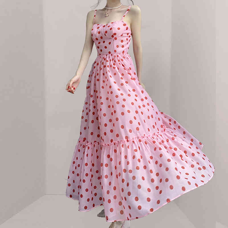 Fashion Sexy Pink Polka Dot Summer Maxi Dress Women Sweet Cute Spaghetti Strap Long Camisole Dresses Vestidos Female Chic 210506