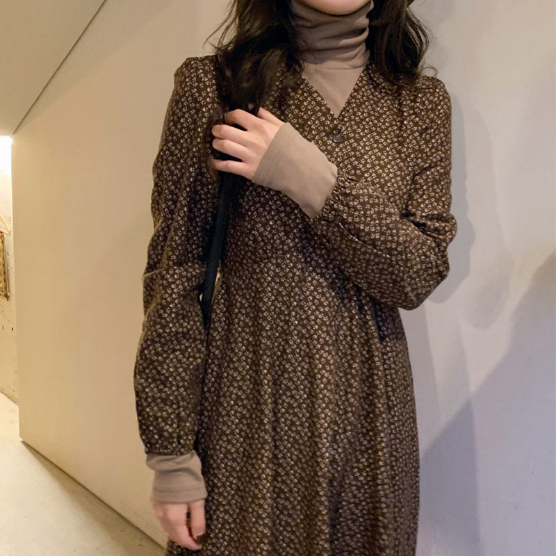 Spring Autumn Girls Drawstring Sleeve Boho Beach V Neck Floral Print Robe Medium Long T-Shirt Dress T0D902C 210416