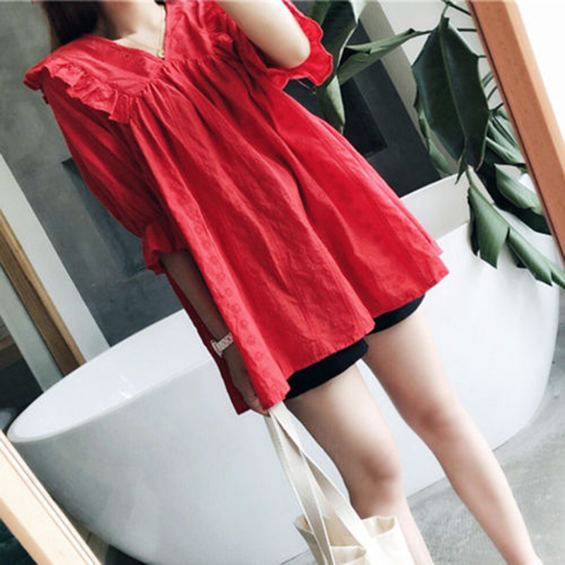 Arrival Preppy Style Women Loose V-neck Shirt Embroidery Hollow Out Blouses all-matched Casual Ladies Tops Plus Size D402 210512