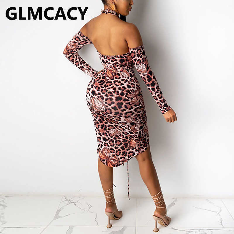 Women Long Sleeve Halter Leopard Dress Sexy Bodycon Backless Party Club Dresses 210702