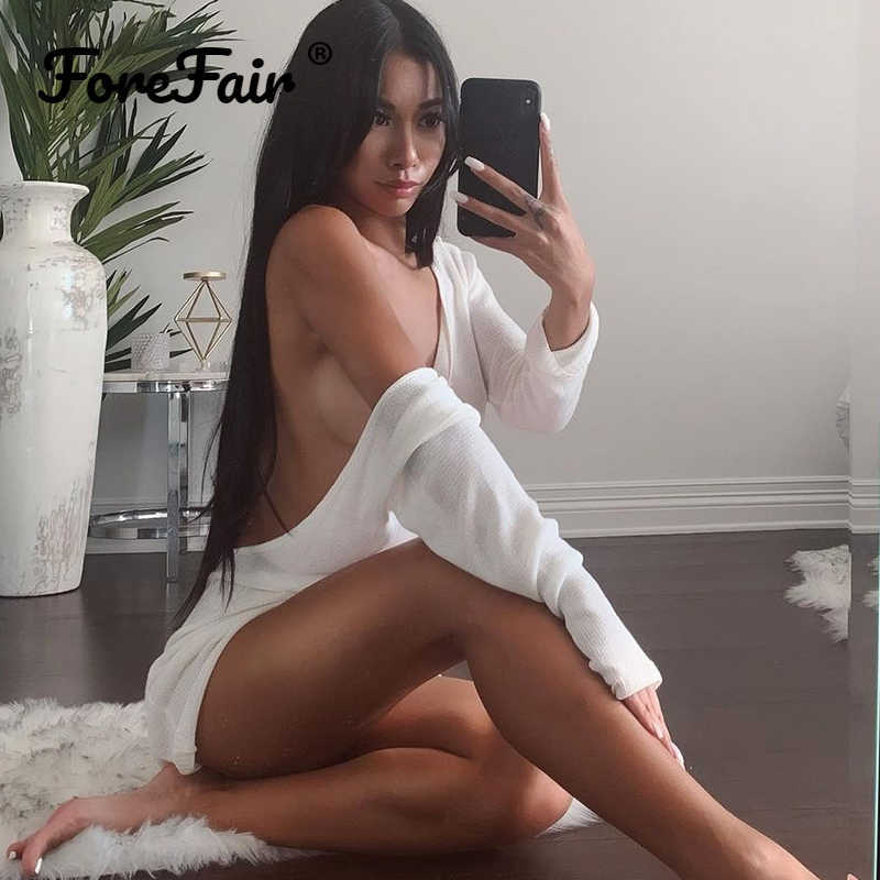 Forefair Bare Back See Through Dress Long Sleeve Knitted White Beach Sexy O Neck Summer Party Mini Skinny Dress Women 210706