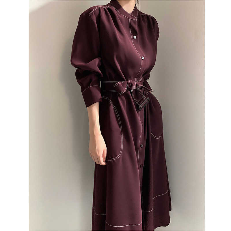 Spring Autumn Korean Loose Buttons Cotton A-Line Elegant Long Sleeve Dress with Belt 210615Z