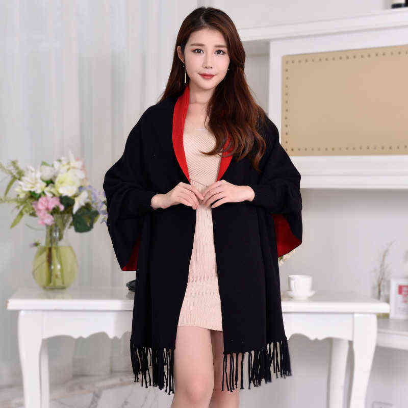 Women Winter Poncho with Sleeve Shawls and Wraps Pashmina Red Thicken Scarf Stoles Femme Hiver Warm Reversible Ponchos Capes 211227