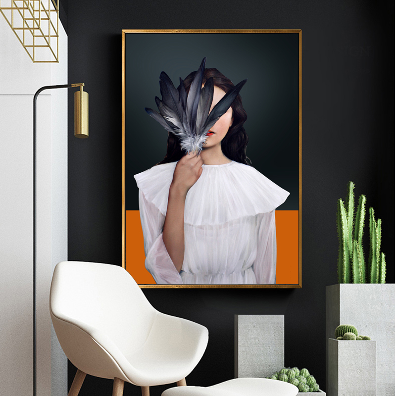 Orange Woman Nordic Posters Feather Fashion Painting Canvas Prints Wall Art for Living Room Modern Sofa Home Decor Sexy Girl