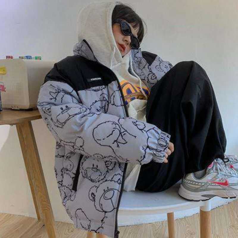 Fashion Cartoons Printed Cotton Windbreaker Jacket Zip Coats Jackets Winter Women Warm Thicken Outwear Loose Parka Coat 210819