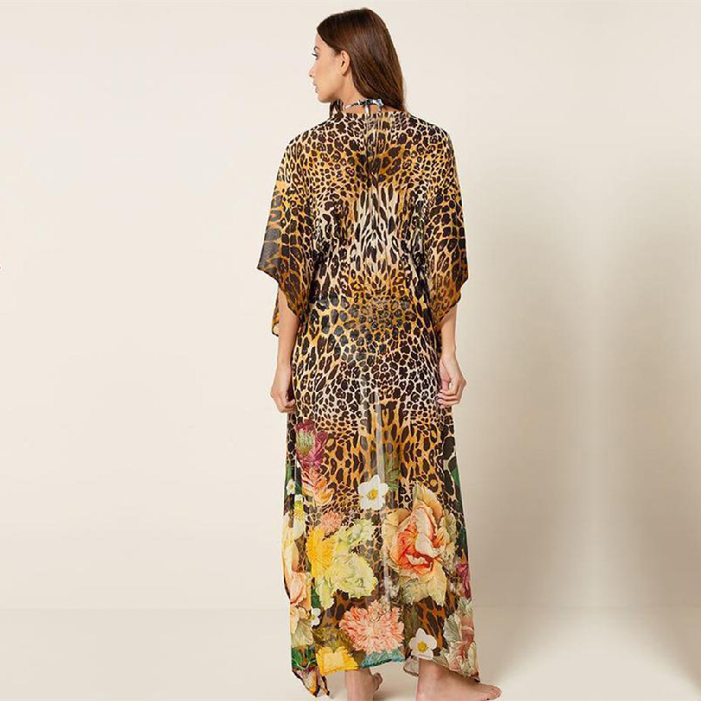 Print Chiffon Beach Cover up Tunics for Long Kaftan Bikini Robe de Plage Sarong Swimsuit cover Q1178 210420