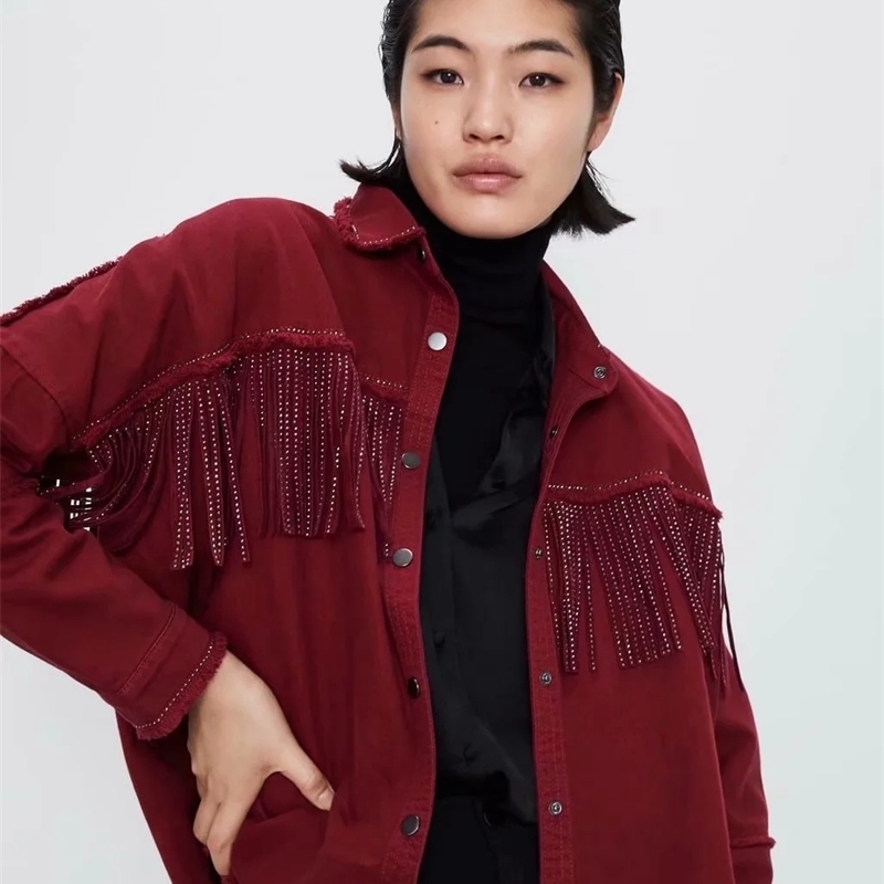 Fshion black green Denim jacket women wintwr coat Streetaear long sleeve tassel casual laides office and 210521