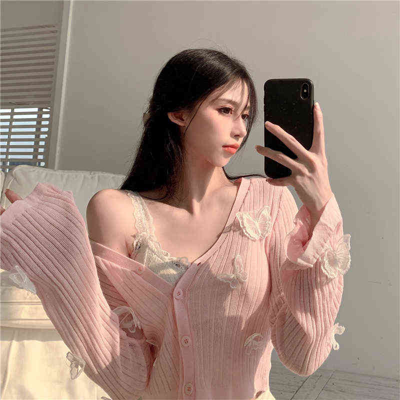 Butterfly Knit Cardigans Women Korean Sexy V-Neck Fitness Crop Tops Ladies Summer Thin Long Sleeved Sunscreen Jackets 211117