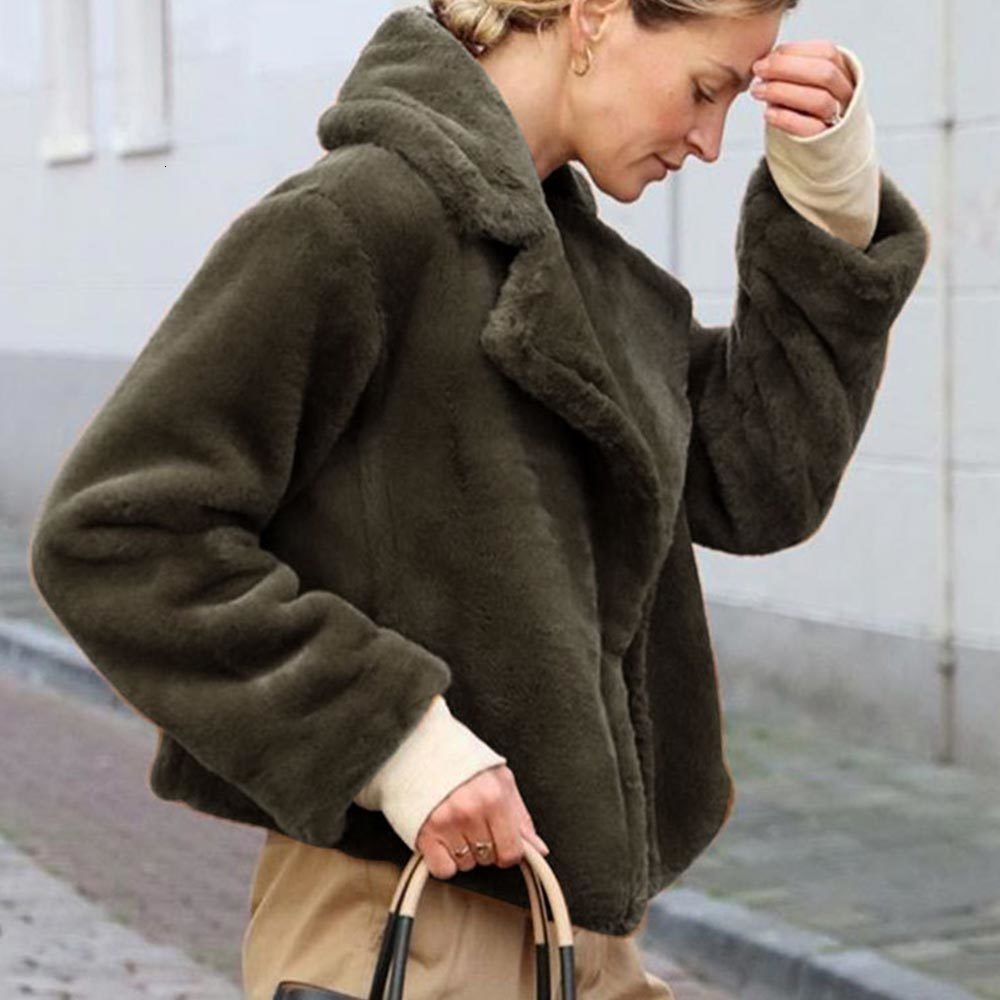 Women Elegant Faux Fur Coats Winter Warm Solid Color Fluffy Jacket Female Plush Cropped Casual Outerwear Overcoat 210428