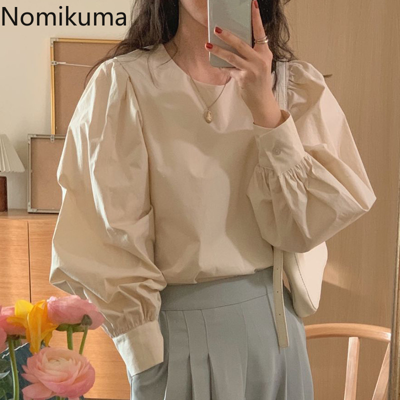 Nomikuma Blouses for Women Korean Solid O-neck Lantern Sleeve Shirt Causal Spring New Blusas Mujer De Moda Verano 6G050 210427
