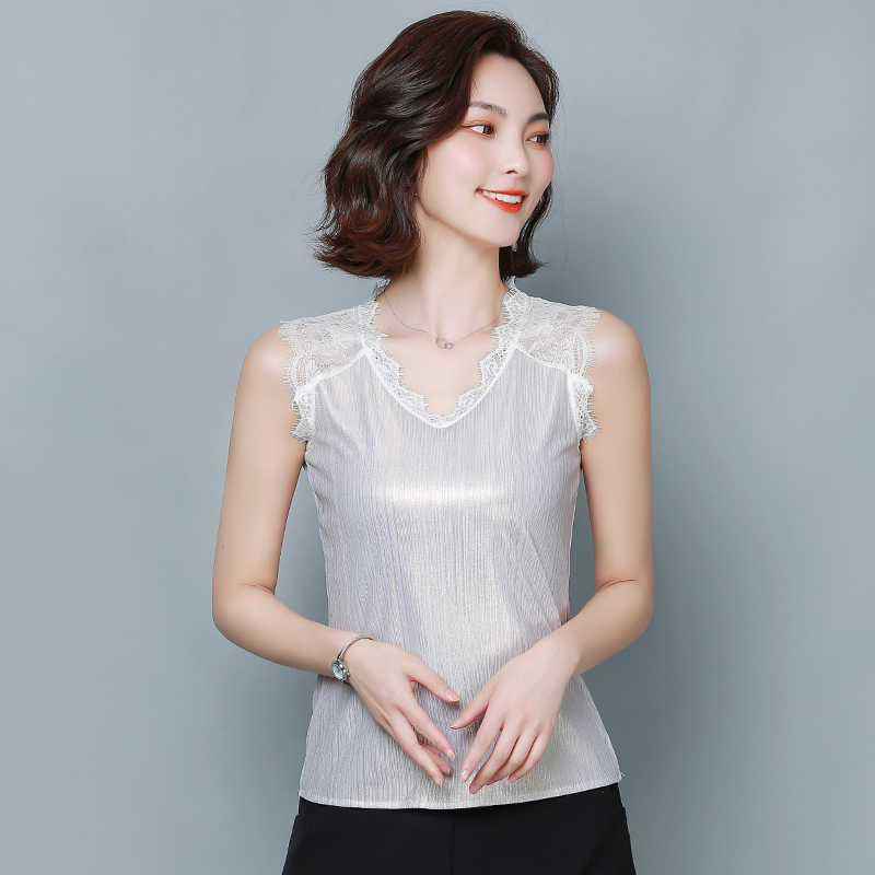Summer Korean Fashion Silk Tank Top Women Satin Office Lady Lace Solid Plus Size XXXL/4XL White Clothing for 210531