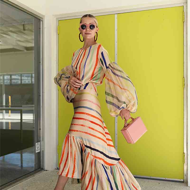 Women Sets Striped Lantern Sleeve Top With High Waist Long Fish Tail Skirt 2 Piece s And 210524