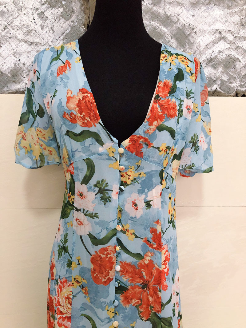 vintage chic lady flower printed blue single breasted summer fashion v-neck short sleeve beach holiday dresses women 210421