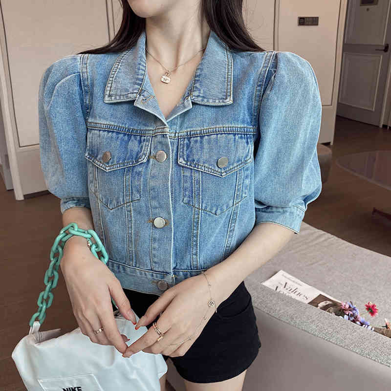 Vintage Women Puff Sleeve Denim Coats Korean Fashion Turn-Down Collar Female Jackets Chic Streetwear Jean Jacket 210518