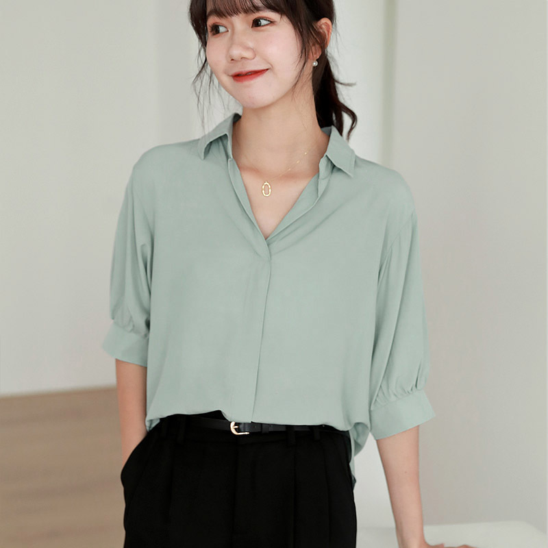 Casual Loose Short Sleeve Blouse Summer Plus Size V-neck Chiffon Shirt Women Solid Pullover Clothing Blusas 10183 210415