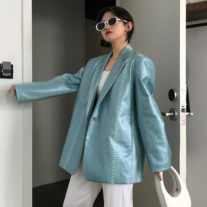 Autumn Women's Blue Green Snake Print PU Leather Blazer Casual Loose Lapel Long Sleeve Suit Coat Trend ZC174 210427