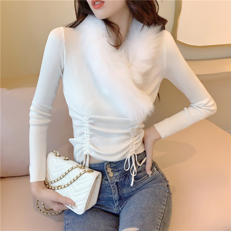 Nomikuma Korean Drawstring Slim Short Pullover Knitwear Fur Patchwork V-neck Pull Femme Long Sleeve Crop Top Sweater 6D074 210427