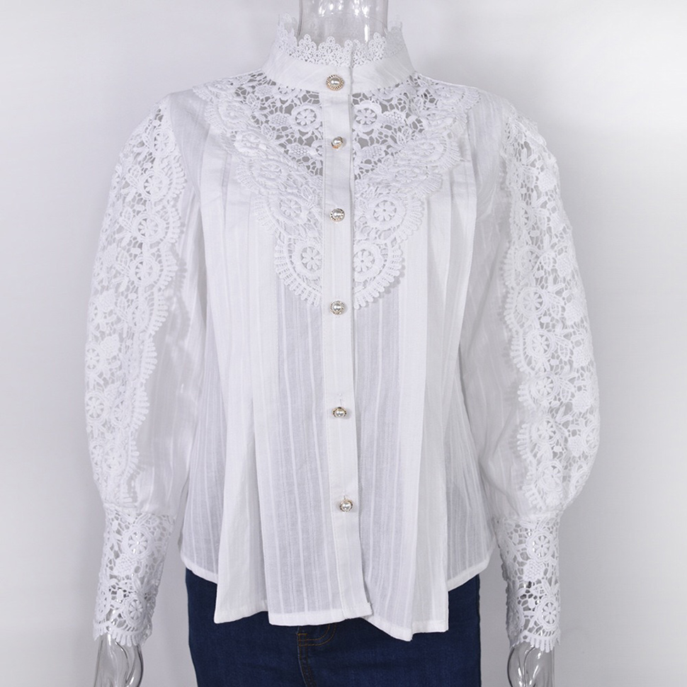 Women Elegant Lace Trim Shirts Hollow Out Loose Casual Victorian Blouses Long Sleeve Button Down Tops