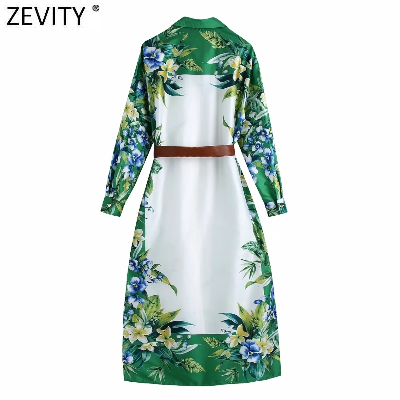 Zevity Women Vintage Green Flower Print Casual Slim Satin Shirt Dress Female Chic Side Split Sashes Kimono Vestidos DS8116 210409