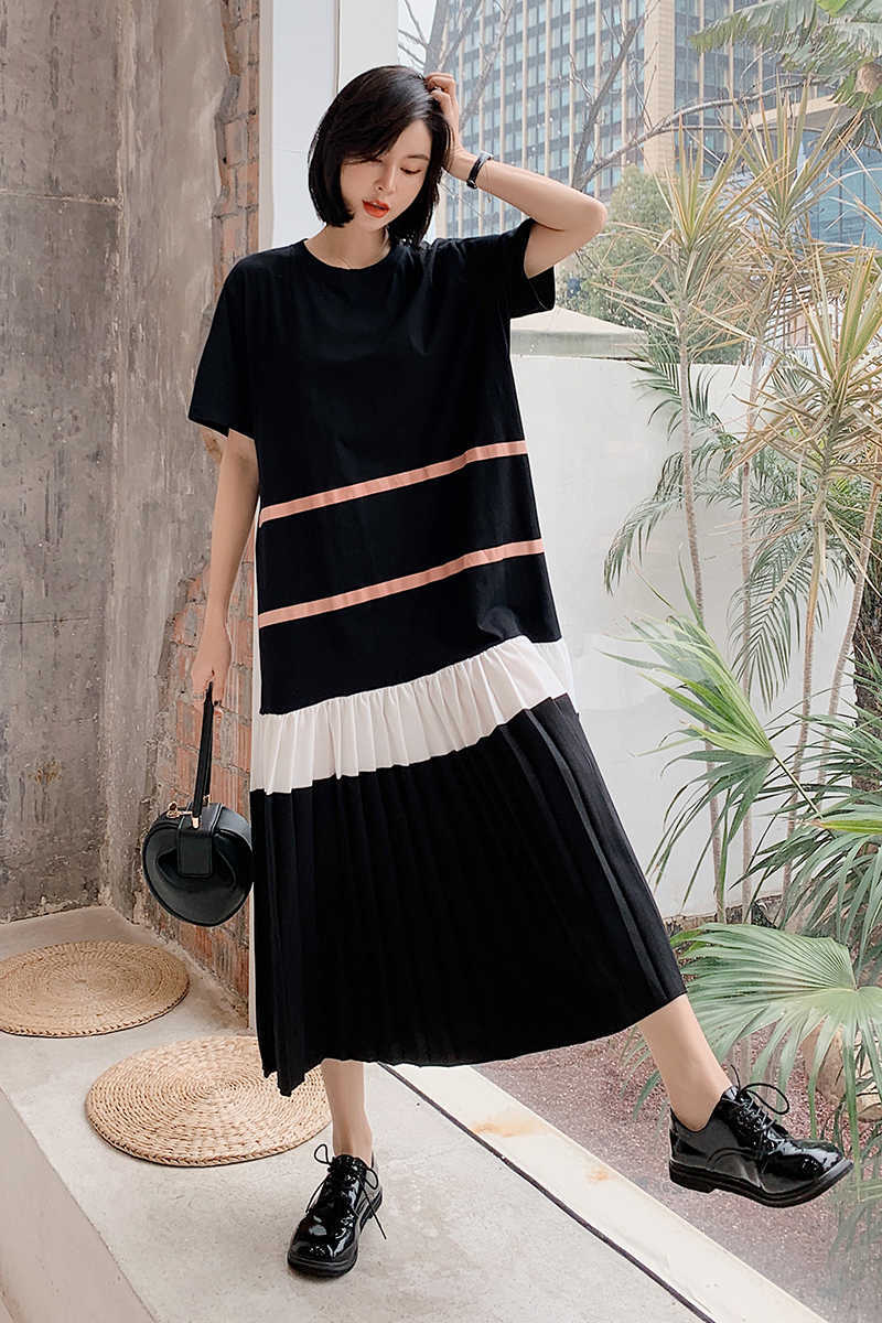 VANOVICH Korean Style Women Dress Summer 's Round Collar Casual Cotton Pleated Short Sleeve Clothing 210615