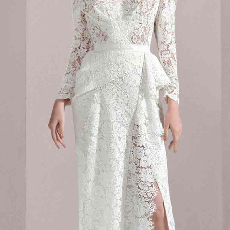 High-End Autumn Female White Ruffle Lace Dress Sexy V Neck Long Sleeves Vacation Holiday Women Clothes Vestido 210520