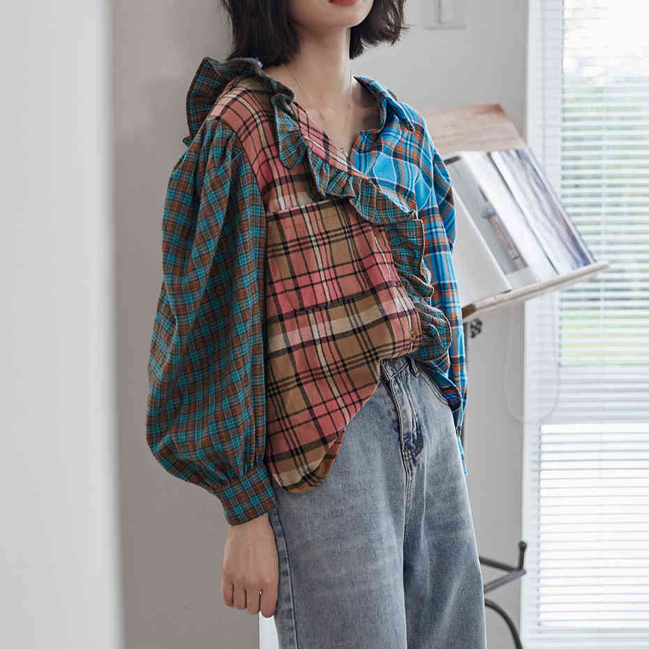 QoerliN Fall Contrast Color Plaid Shirt Women Retro Loose Casual Elegant Ruffles Blouse Ladies Shirt Fashion Lantern Sleeve Tops 210412