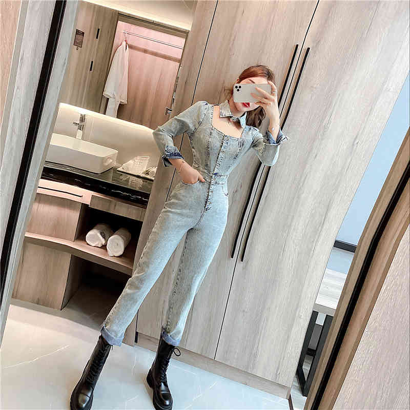 Spring Women Elegant Office OL Jumpsuit Retro Denim Long Sleeve Slim Hollow Square Collar Rompers Ladies Sexy Bodysuit 210519