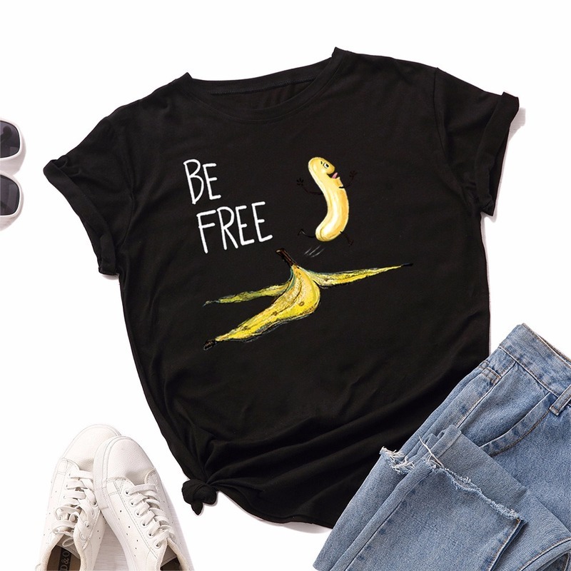 JCGO Summer Cotton Women T Shirt S-5XL Plus Size Short Sleeve Funny Free Banana Print Tee Shirt Tops Casual O-Neck Female TShirt 210406