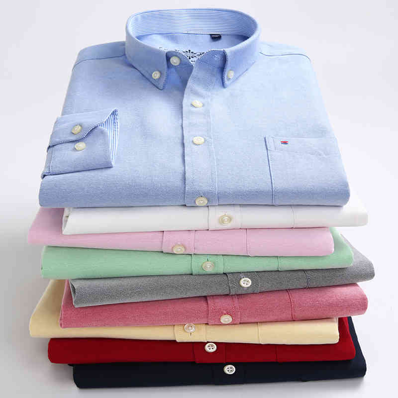 New Spring Autumn Oxford Mens shirts long sleeve Cotton casual shirt solid plaid camisa 5XL 6XL Big size camisa social masculina 210410