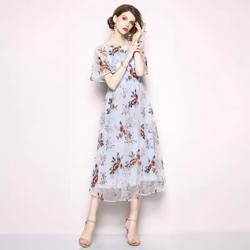 elegant summer maxi dress women light blue flower mesh dresses embroidery floral prairie chic drees beach vestidos mujer 210421