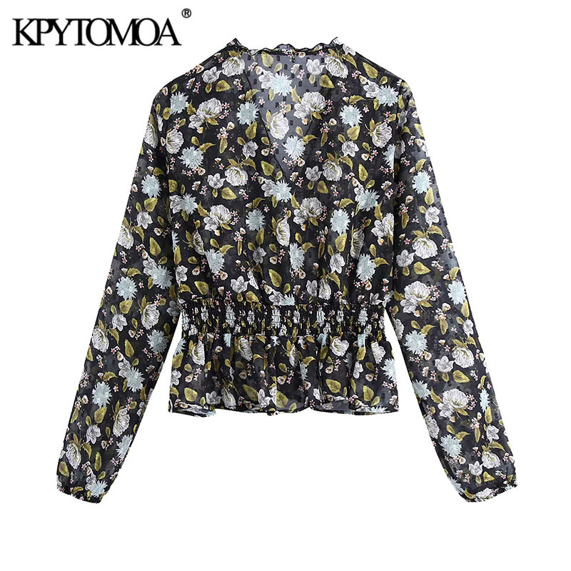Women Fashion Semi-sheer Floral Print Ruffled Blouses Long Sleeve Elastic Waist Female Shirts Chic Tops 210420