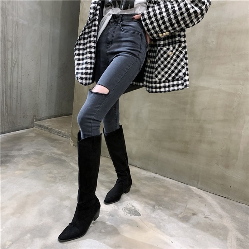Washed Gray Single Leg Cut Slimming Burr Feet Jeans for Women Korean Style Pants High Waist 10414 210518