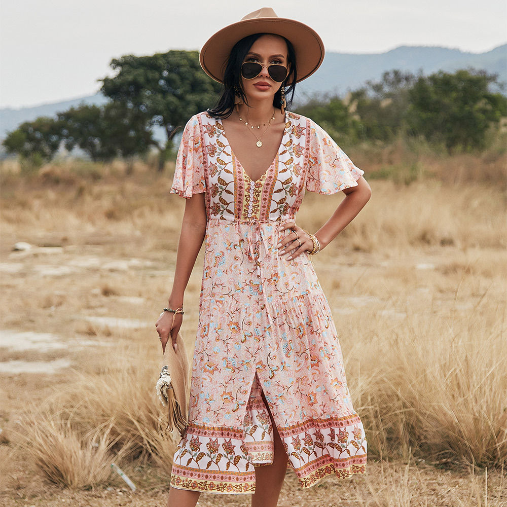 2021 Summer New Floral Dress Women V Neck Butterfly Sleeve High Waist Print Lace Up Knee Length Dresses Ladies Holiday Style, Pink
2021 Summer New Floral Dress Women V Neck Butterfly Sleeve High Waist Print Lace Up Knee Length Dresses Ladies Holiday Style, Pink