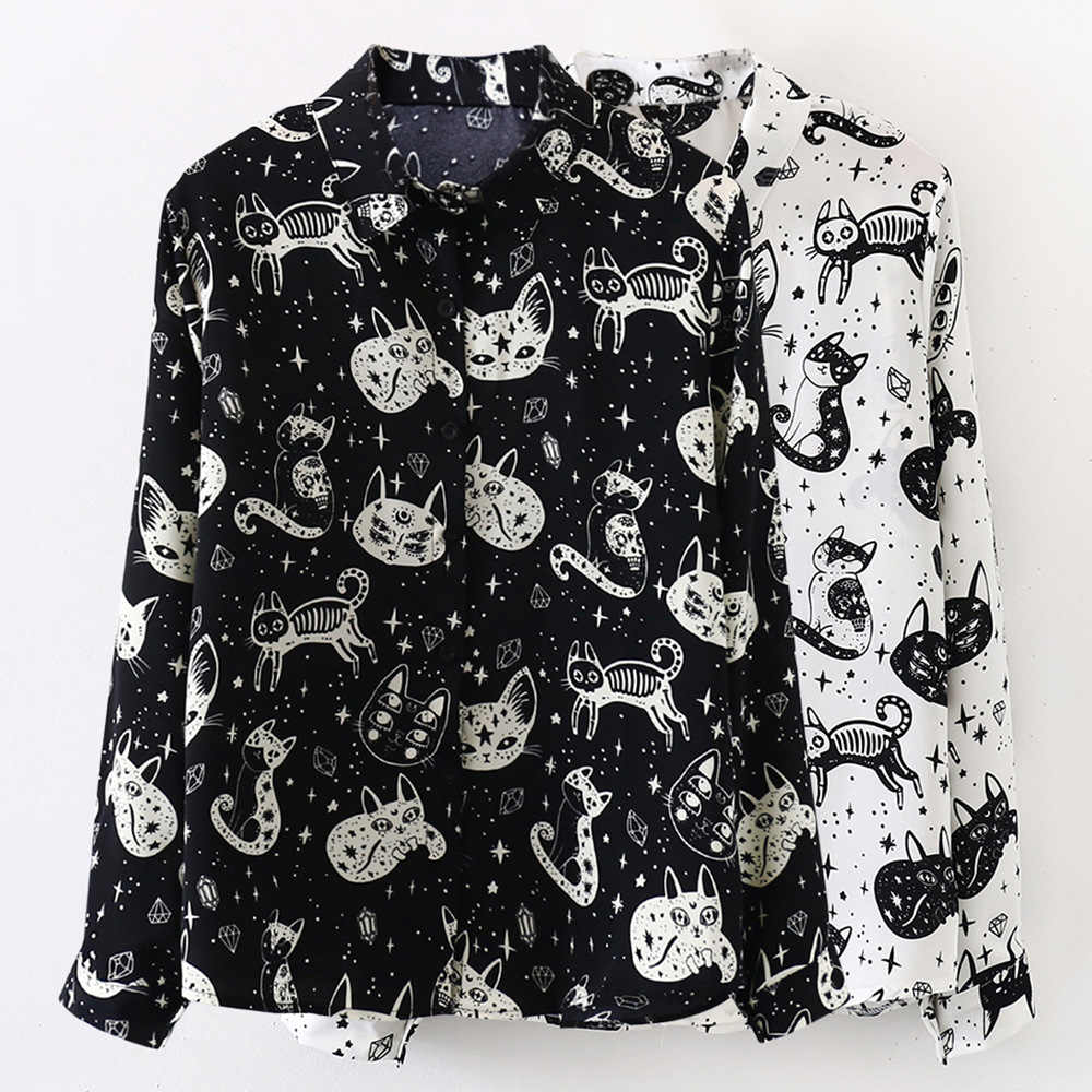 Designer Women's Shirt Long-Sleeved Printed Women's Office Shirt Loose Abstract Kitten Print Top 2022 Spring New, White
Designer Women's Shirt Long-Sleeved Printed Women's Office Shirt Loose Abstract Kitten Print Top 2022 Spring New, White
