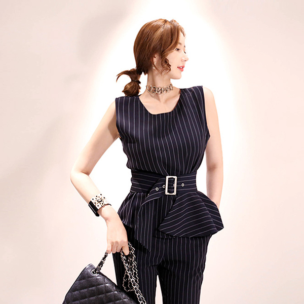 2 Piece Set Women Suit Summer Blue stripe elegant Belt Sleeveless O-Neck Blouse Tops and slim OL Pants Set 210518