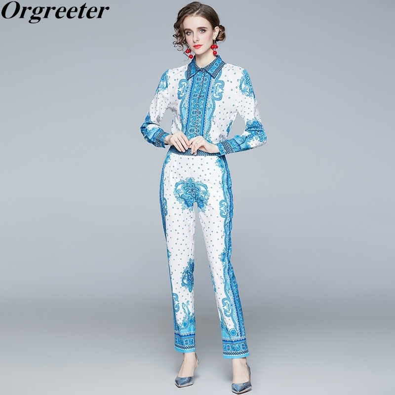 Runway Design Fashion Shirt Pants Suits Spring Fall Blue Print Slim Blouse and Pencil Two piece set Female 210525
Runway Design Fashion Shirt Pants Suits Spring Fall Blue Print Slim Blouse and Pencil Two piece set Female 210525